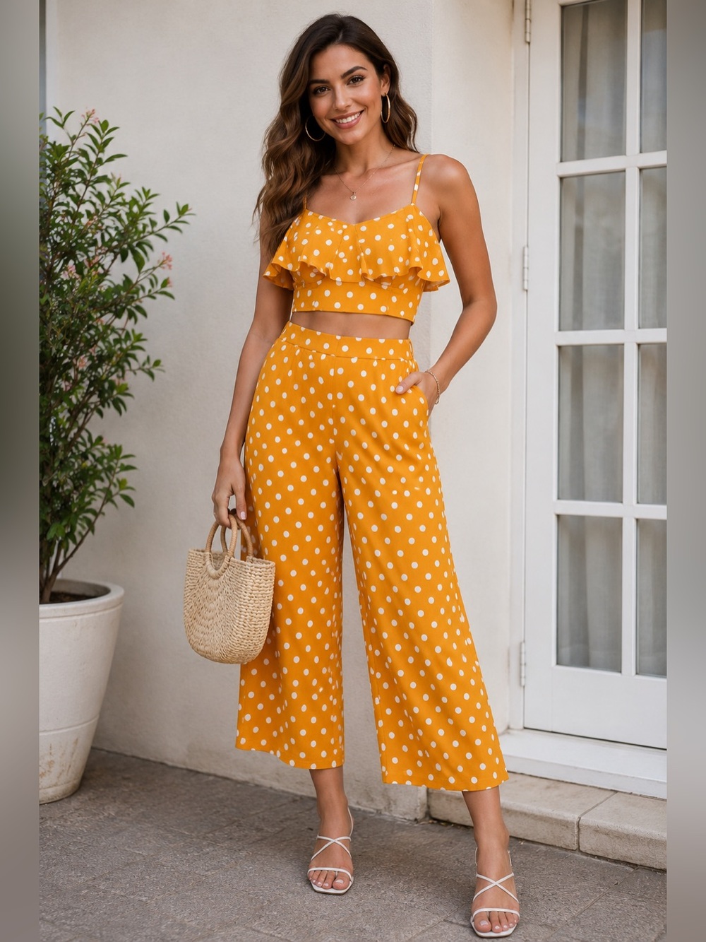 Yellow Polka Dot Cropped Wide-Leg Pants Set